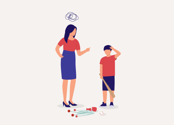 愤怒的母亲责骂她的淘气的儿子打碎了她的花瓶。图片下载