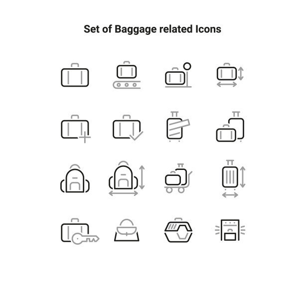 简单的一组向量线图标相关的包，手提箱，背包。行李相关图标收藏。矢量插图。图片下载