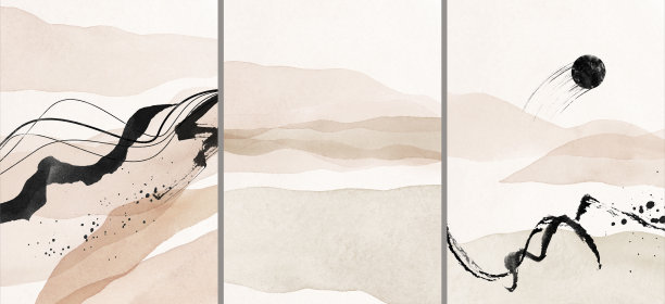 抽象的安排。风景,沙漠,山脉。数码打印设置。海报。陶土，腮红，粉红色，桃红色，灰色，象牙色，黑色，米色水彩插图和黄金元素。图片下载