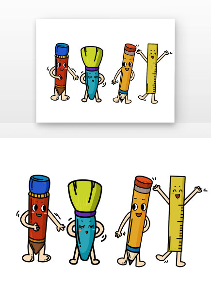 黄色开学季文具拟人画笔铅笔尺子元素图片下载