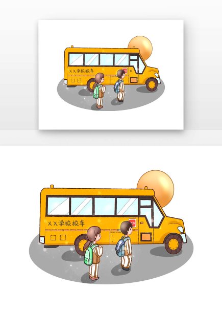 卡通可爱阳光下开学季孩子上校车元素图片下载