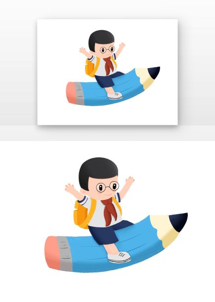 蓝粉色开学季孩子穿校服坐在铅笔上元素图片下载