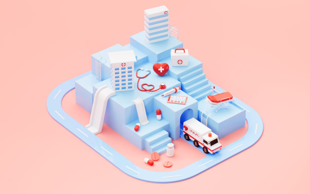 蓝色医院建筑模型和医疗器械，3d渲染。图片下载