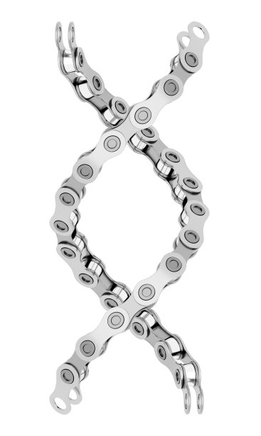 自行车链条像DNA螺旋一样扭曲。3D插图孤立在白色背景。图片下载