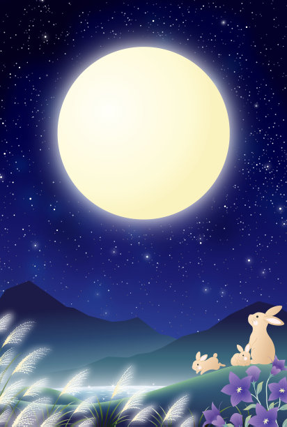 满月下的野兔一家图片下载