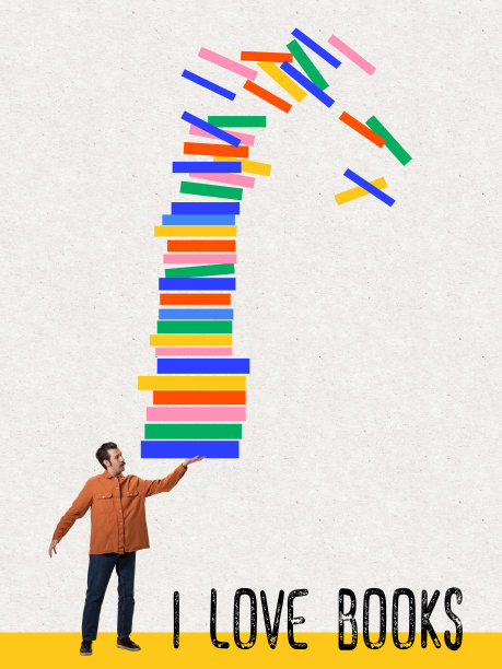 有创意的图片，在明亮的背景上，男人拿着高高的书。当代艺术品。学习、阅读、文化、艺术、教育观念图片下载