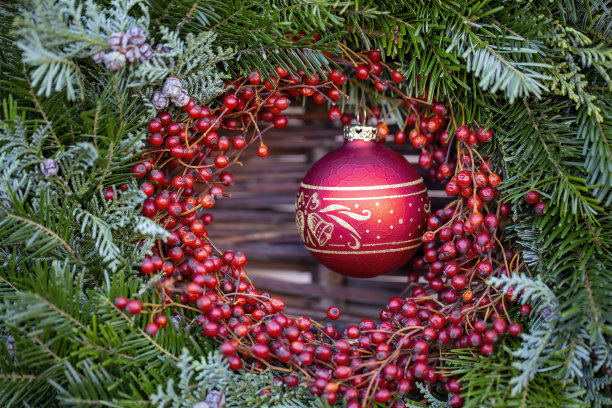 红色的圣诞装饰，配上冬天的浆果和树枝图片下载