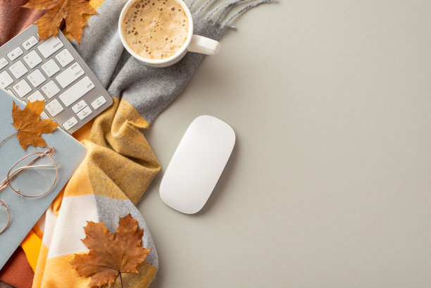 秋天的经营理念。工作空间落下的枫叶的俯视图照片，键盘，电脑，鼠标，记事本，时尚的玻璃杯，杯子泡沫咖啡和格子在孤立的灰色背景与空白图片下载