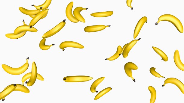 白色屏幕后面的香蕉雨。三维渲染图片下载
