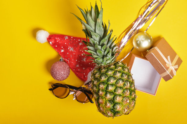 菠萝，圣诞老人的帽子和太阳眼镜，圣诞节装饰在黄色的背景图片下载