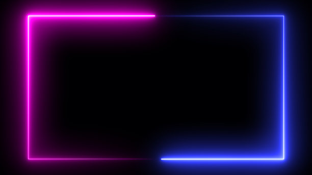 循环霓虹灯矩形框边框，抽象图形未来主义辉光照明效果，电子荧光元素现代灯光技术动画在五颜六色的蓝紫色迪斯科派对闪亮的镜头图片下载