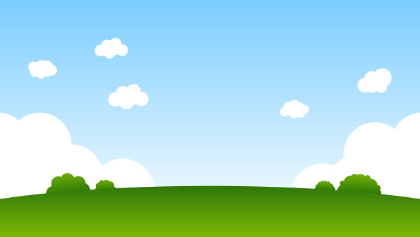 景观动画的场景。绿色的树木在山上与蓝色的河流和白色蓬松的云在夏天的蓝天背景图片下载