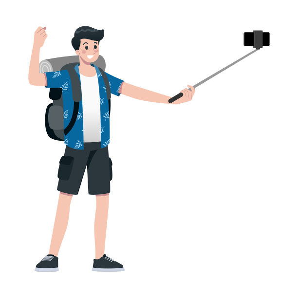 青年快乐的人旅游平卡通人物。旅行男人们在暑假旅行，孤立在白色的背景。图片下载