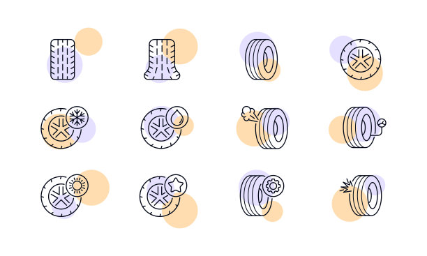 轮胎设置图标。汽车、驾驶、道路交通、爆轮、冬、夏、雪花、太阳、星、落、防水、齿轮、压力、配件。服务的概念。矢量线图标的业务和广告图片下载