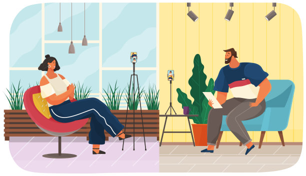 卡通人物正在交流，在工作中用电脑和耳机交谈图片下载