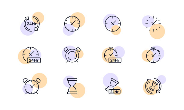 时钟设置图标。24、全天候，手表，秒表，闹钟，计时器，跟踪时间，时间表，时间表，计划，沙漏，装货。时间管理的概念。矢量线图标的业务图片下载