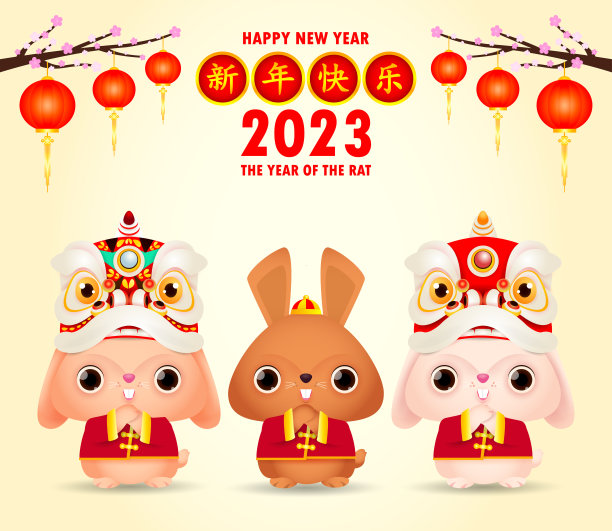 2023年春节快乐，可爱的舞狮兔和中国金元宝，兔年生肖，宫喜发彩卡通人物孤立向量翻译新年快乐图片下载