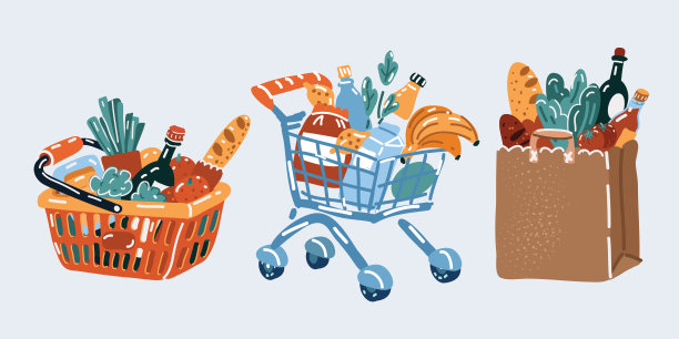 矢量插图的购物车和篮子的食品从杂货店购买。纸袋里有水果，蔬菜，面包，瓶子。零售超级市场商品收集图片下载