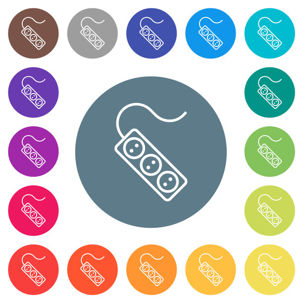 带有三个插座和线绳的便携式插座在圆形背景上勾勒出扁平的白色图标图片下载