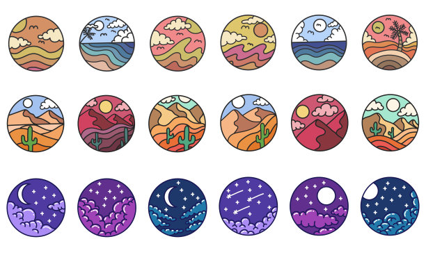 风景手绘圆框集合矢量插图图片下载