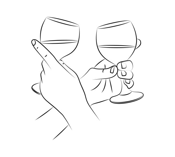 手拿着红酒酒杯。快乐的酒派对。品酒，庆祝周年纪念日，庆祝生日。餐厅、咖啡馆的酒精饮料概念。约会。酒吧的菜单盖。线性素描图片下载