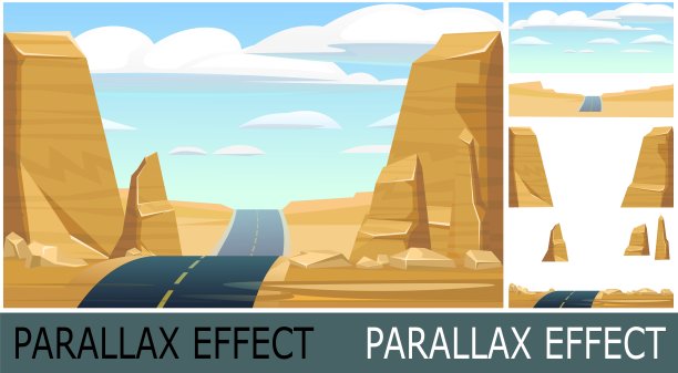 好的柏油路。优质现代空公路。沙漠景观与岩石峭壁。郊区的城际通道。图片来自图层，用于叠加视差效果。向量。图片下载