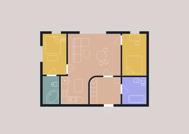 一套带有两间卧室、两间浴室、一个餐厅和一间客厅的两间公寓的建筑平面图图片下载