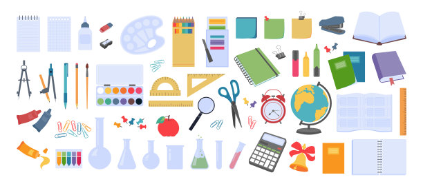 学校用品平面设计。大向量集合元素与办公文具和学校用品。回到学校。图片下载