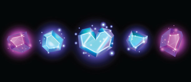 3D水晶宝石石矢量集，游戏发光的魔法钻石工具包，闪亮的仙女玻璃，蓝色矿物。图片下载