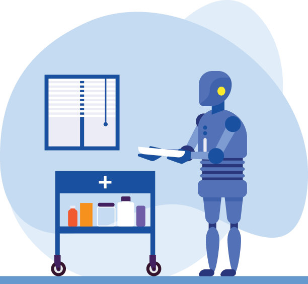供应交付机器人概念，cobot协同机器人矢量图标设计，机器人医学符号，医疗保健场景标志，创新人工智能工作在现代诊所股票插图图片下载