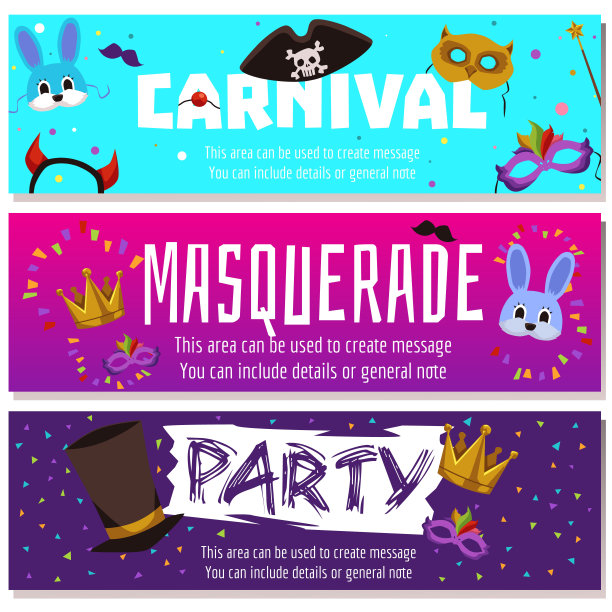 套丰富多彩的网站横幅模板关于狂欢节和化妆舞会平风格图片下载