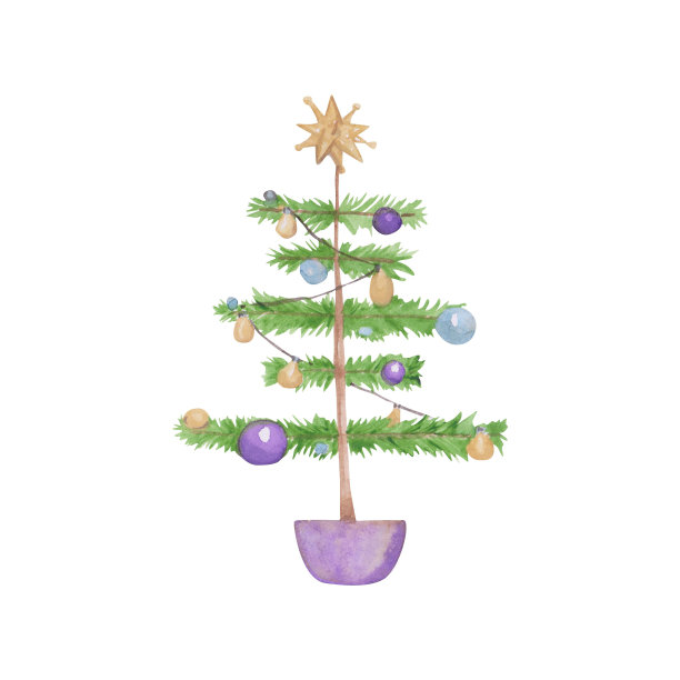 圣诞树孤立在白色背景上。水彩装饰节日树为您设计。盆栽植物。紫色花盆里的绿色植物。手绘插图。图片下载