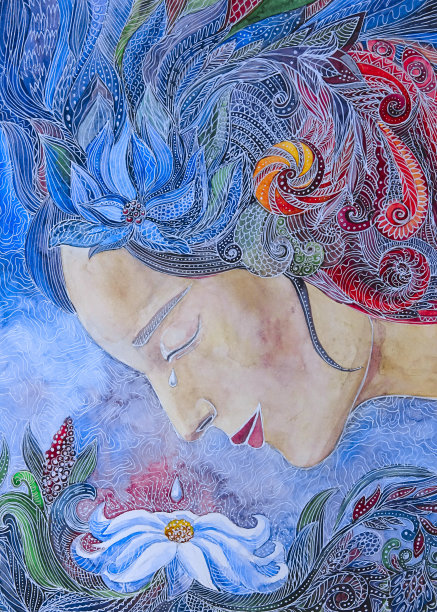 水彩画美丽的女人与眼泪图片下载