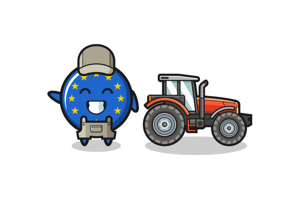 戴着欧洲国旗的农民吉祥物站在拖拉机旁图片下载