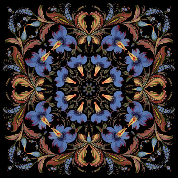 乌克兰民间绘画风格Petrykivka的蜡染花卉图案披肩，地毯，手帕，瓷砖与蓝色的花朵，棕色的叶子，树枝在黑色的背景图片下载