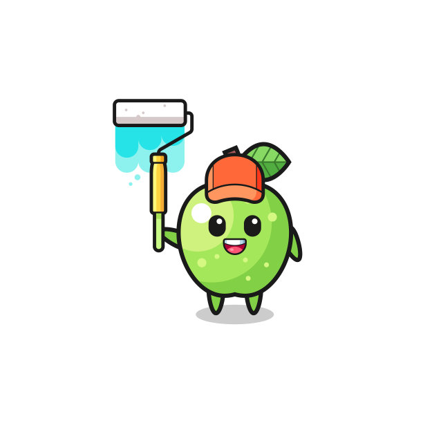 绿色苹果画家吉祥物与油漆辊图片下载