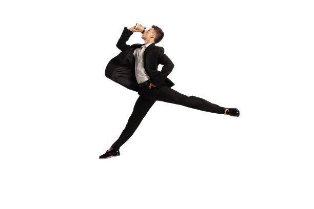 动态肖像的年轻办公室工作人员在业务西装在行动孤立在白色背景。财务、抱负、商业、工作理念。图片下载