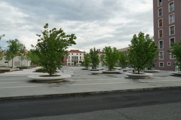 在住宅和现代公寓之间的住宅区，可以看到超大的活树石花盆。图片下载