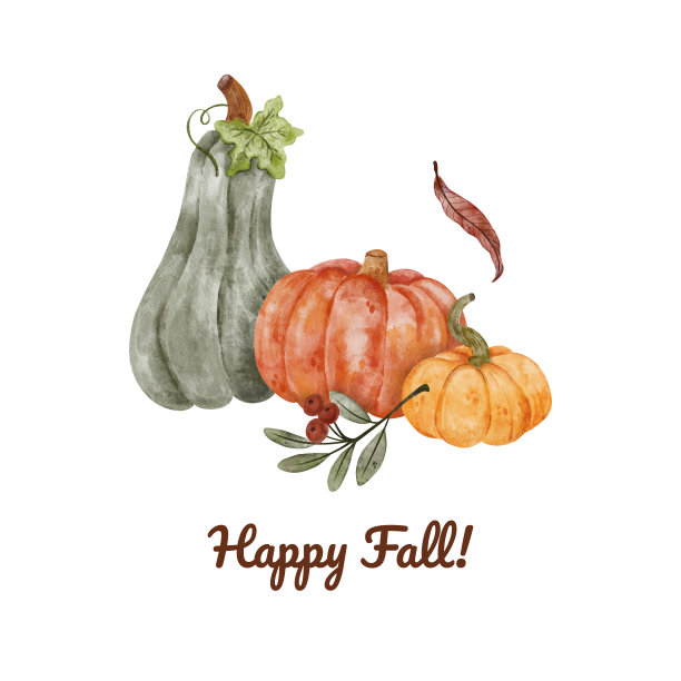 五彩缤纷的南瓜和秋叶组成的水彩。万圣节和感恩节的南瓜组成素材图片