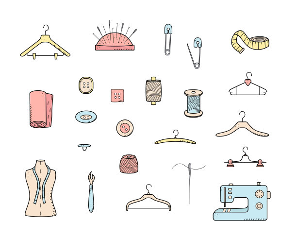 工具的缝纫和针线活涂鸦图标设置图片下载