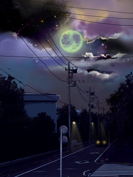 日本居民区的风景和在动漫风格的夜晚天空的黑暗中照耀的月亮的剪辑艺术图片下载