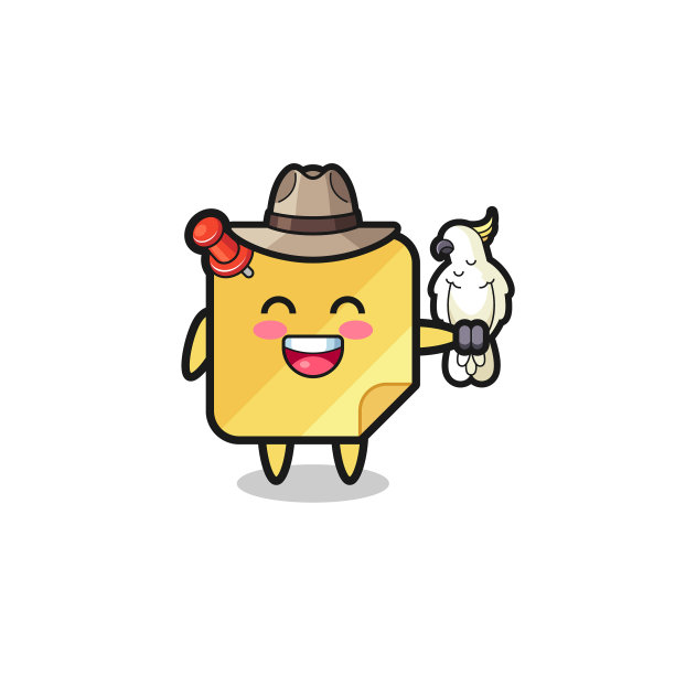 便利贴，动物园管理员吉祥物和一只鹦鹉图片下载