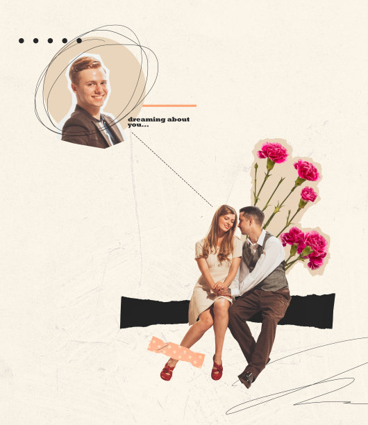 当代艺术拼贴。一对年轻男女正在进行浪漫的约会。女孩梦到了另一个人图片下载