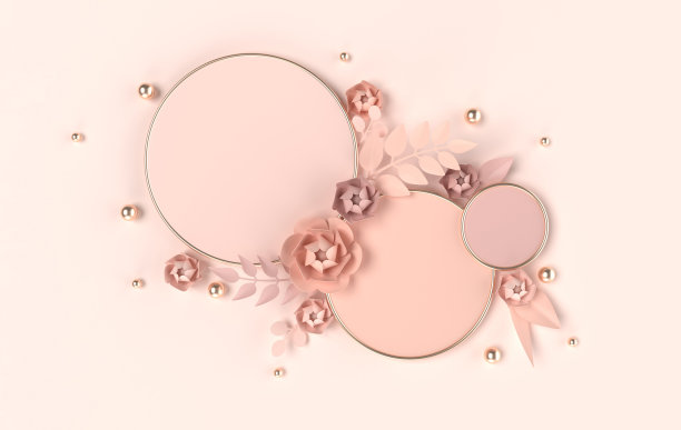 3d渲染几何形状，纸艺术风格的花和叶子的讲台。产品展示平台，模拟背景。抽象的构成在最小的设计，粉彩和金色的颜色图片下载