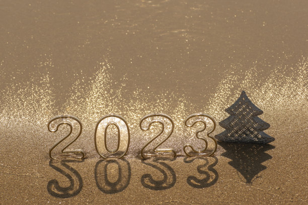 2023新年快乐背景，贺卡，2023聚会邀请号码和圣诞树上的金色沙滩在夕阳的光。创意新年假期作文，拷贝空间图片下载