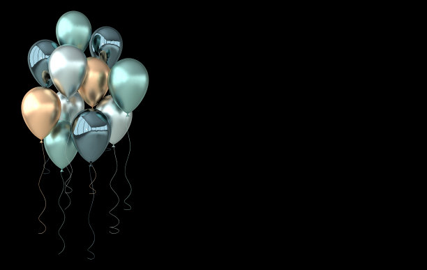 3d渲染插图的现实光泽的金色，绿色气球在黑色背景。一堆用来设计派对的气球图片下载