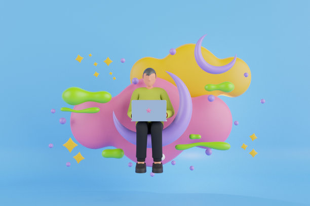 深夜拿着笔记本电脑坐在沙发上的男人。抽象概念艺术，一个年轻的自由职业者在家工作懒散的久坐生活方式。自由职业者的3d插图。图片下载