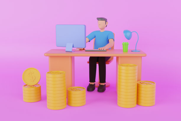 通过互联网赚钱的3d插图。用装有卡通人物的笔记本电脑赚钱。3 d渲染图图片下载