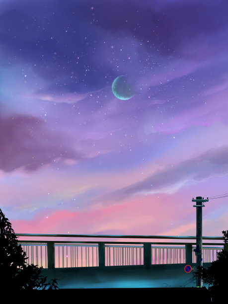 单色剪影的桥梁和电线杆和景观背景的夜空与闪亮的星星和月亮图片下载