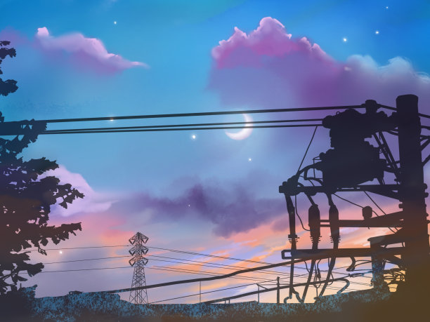 夜空中美丽的月亮和星星与黑白剪影电线杆的背景风景剪辑艺术。图片下载